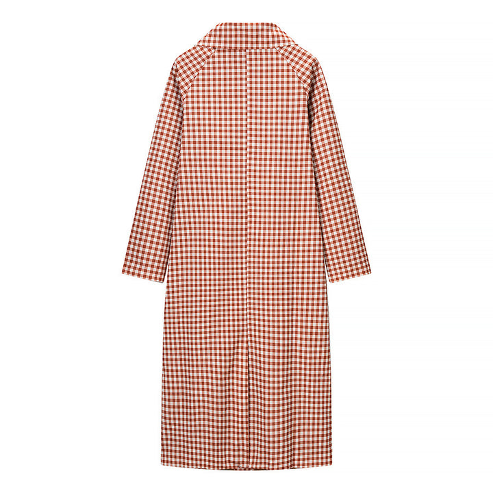 Women Long Cut Plaid Coat with Shirt Collar and Full Button Placket Mune Fashion