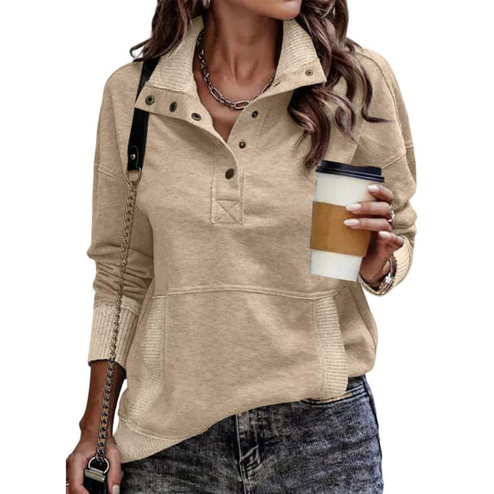 Women's sweat pullover with stand-up collar button placket and kangaroo pocket Mune Fashion