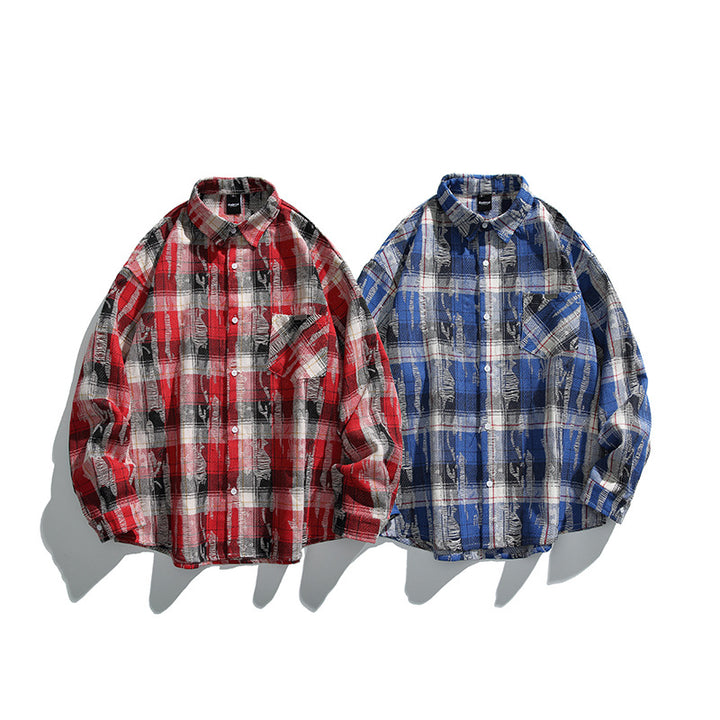 Unisex Oversized Checked Flannel Shirt with Destroyed Details and Chest Pocket Mune Fashion