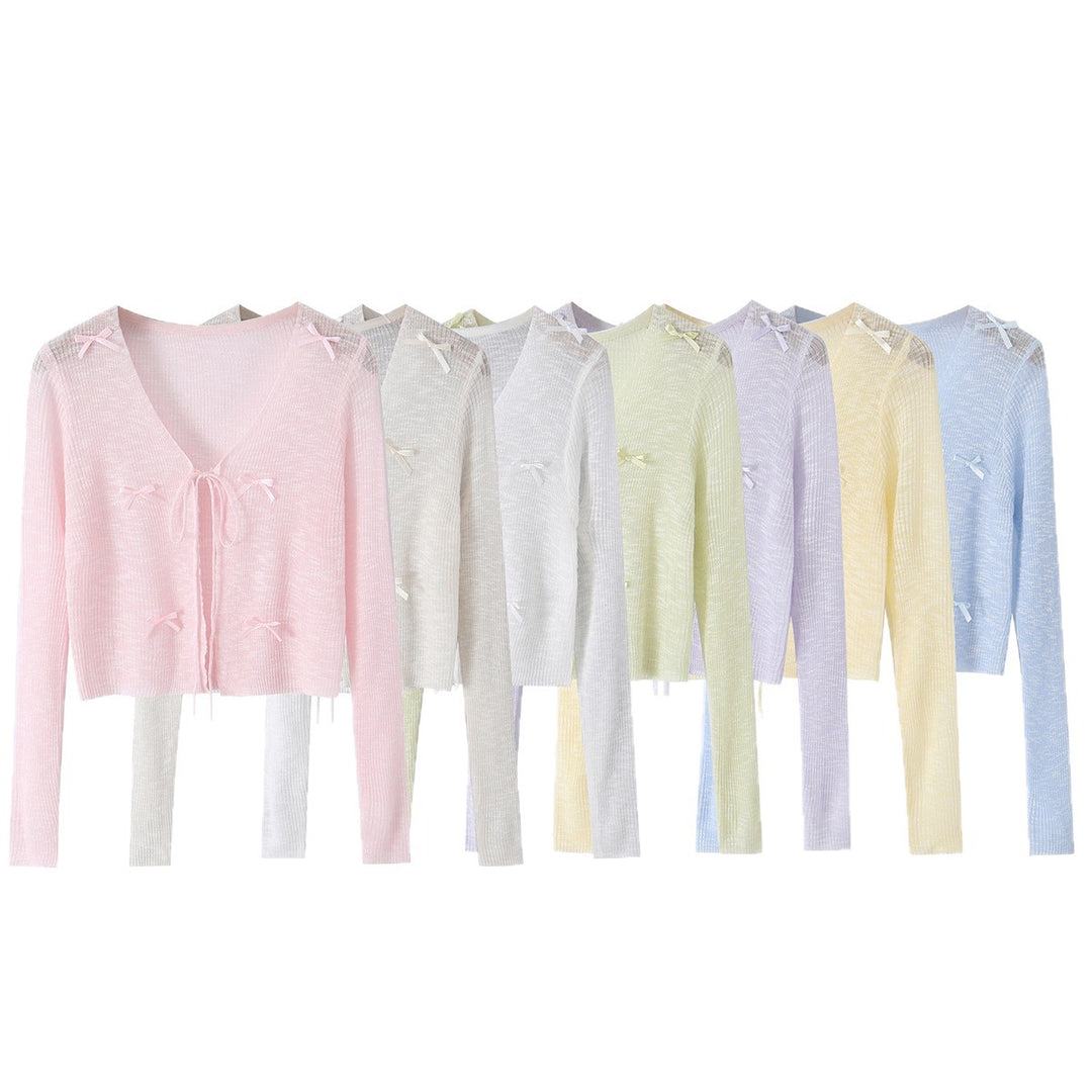 Women Cropped Fine Knit Cardigan with V-Neck, Tie Strap and Decorative Bows Mune Fashion