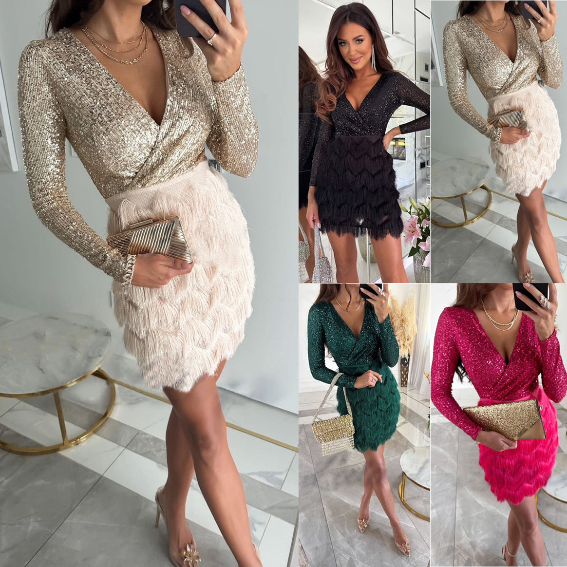 Women Shiny Wrap Mini Dress with Sequin Top and Feather Tiered Skirt Mune Fashion