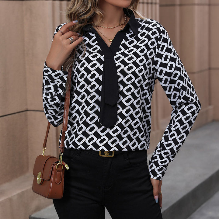 Women Elegant Blouse with Textured Pattern and Tie Band Mune Fashion