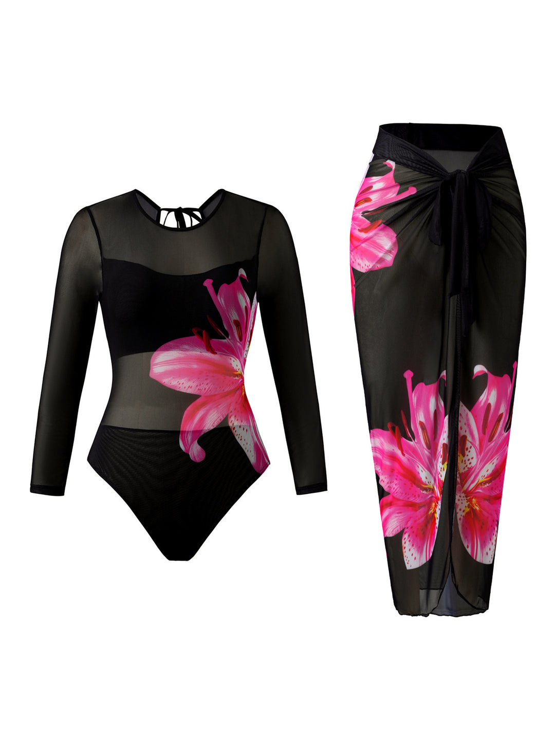 Women Elegant Swimsuit with Long Sleeve and Transparent Wrap Skirt Mune Fashion