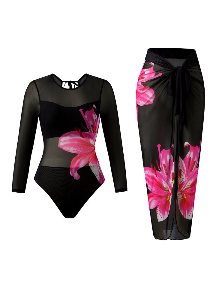 Women Elegant Swimsuit with Long Sleeve and Transparent Wrap Skirt Mune Fashion