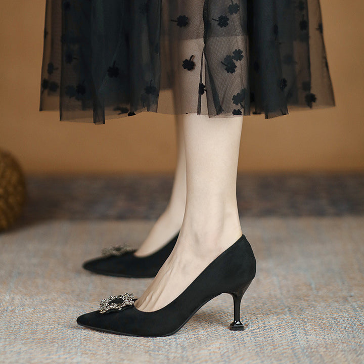 Ladies pointed toe satin pumps with square rhinestone ornament and sculptural kitten heel Mune Fashion