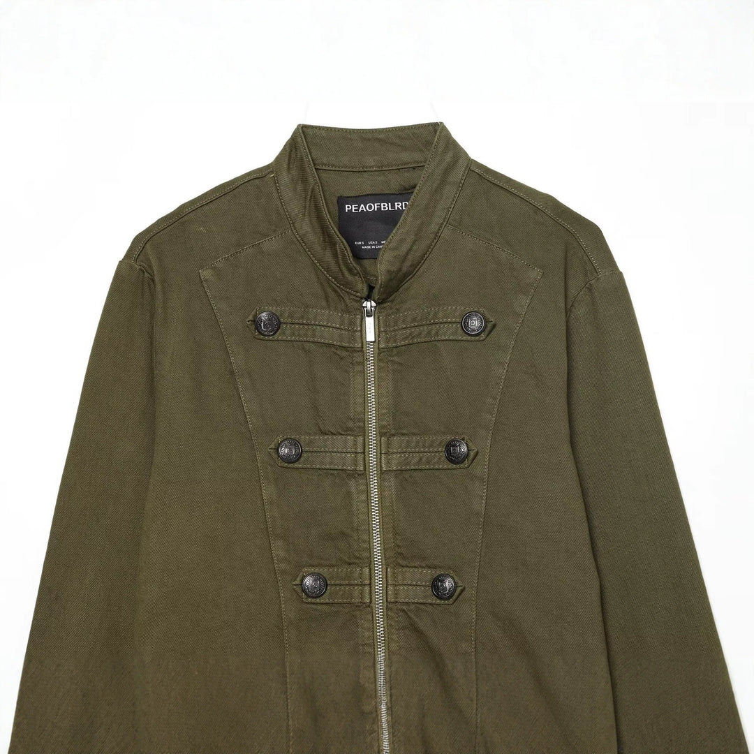 Women's Short Military-inspired Jacket with Stand Collar, Decorative Button Plackets and Full Zip Mune Fashion