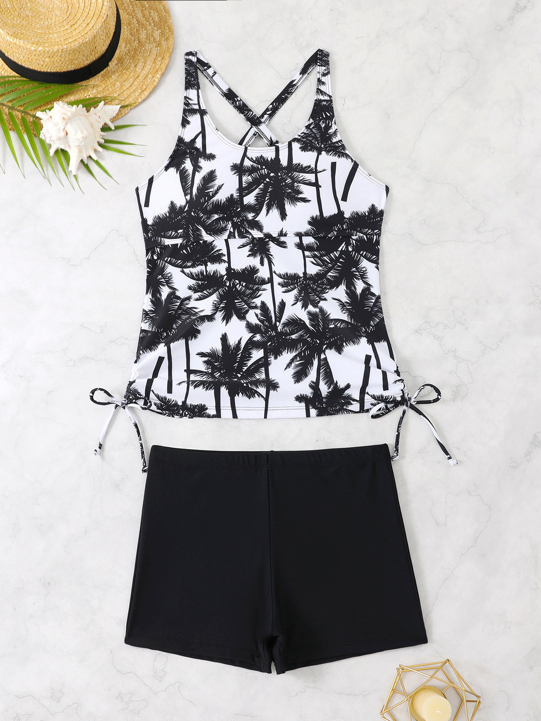 Ladies Sporty Tankini Set with Floral Design and Adjustable Cuffs Mune Fashion