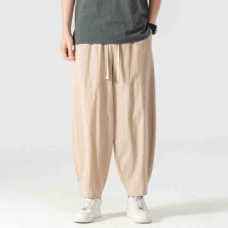 Men's Casual Linen-Cotton Pants with Wide Leg, Drawstring, and Patch Pockets Mune Fashion