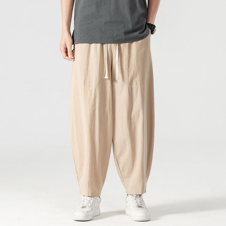 Men's Casual Linen-Cotton Pants with Wide Leg, Drawstring, and Patch Pockets Mune Fashion