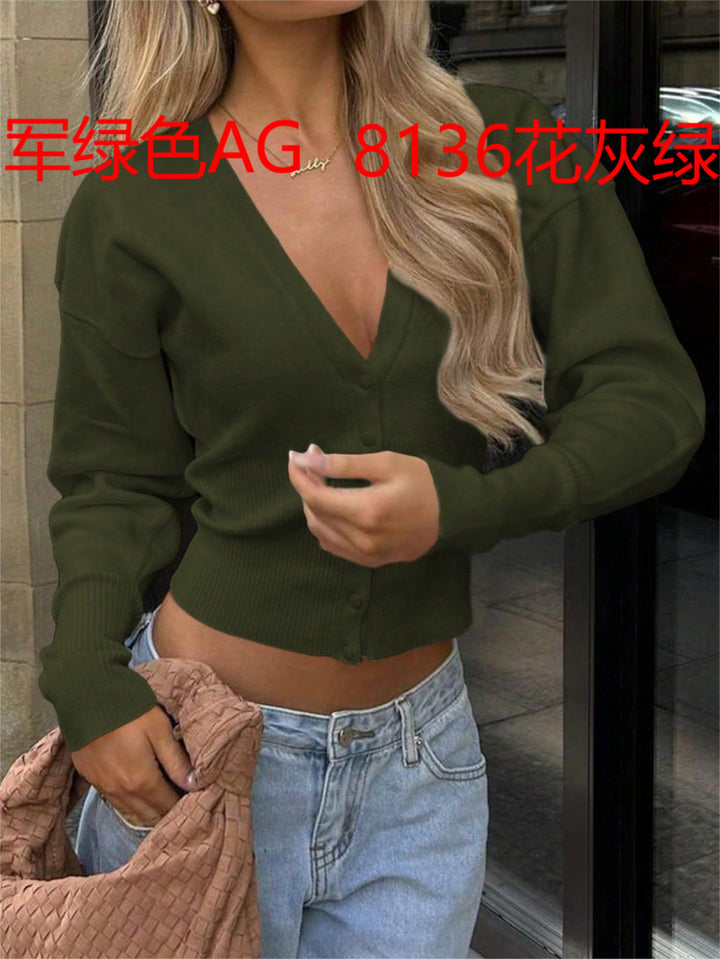 Women's fitted cropped cardigan with deep V-neck, ribbed hem, and continuous button placket Mune Fashion
