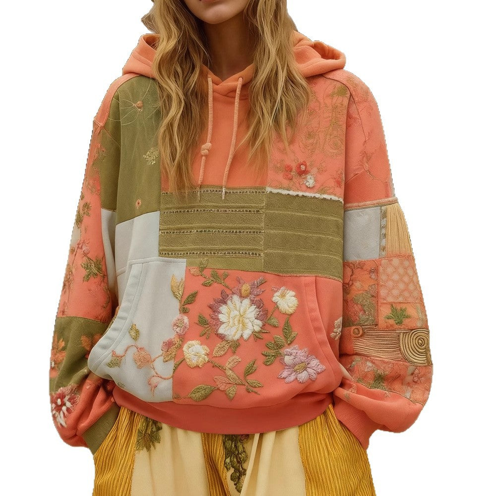 Women's Embroidered Patchwork Hoodie with Flower Applique and Kangaroo Pocket Mune Fashion
