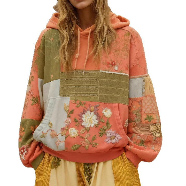 Women's Embroidered Patchwork Hoodie with Flower Applique and Kangaroo Pocket Mune Fashion