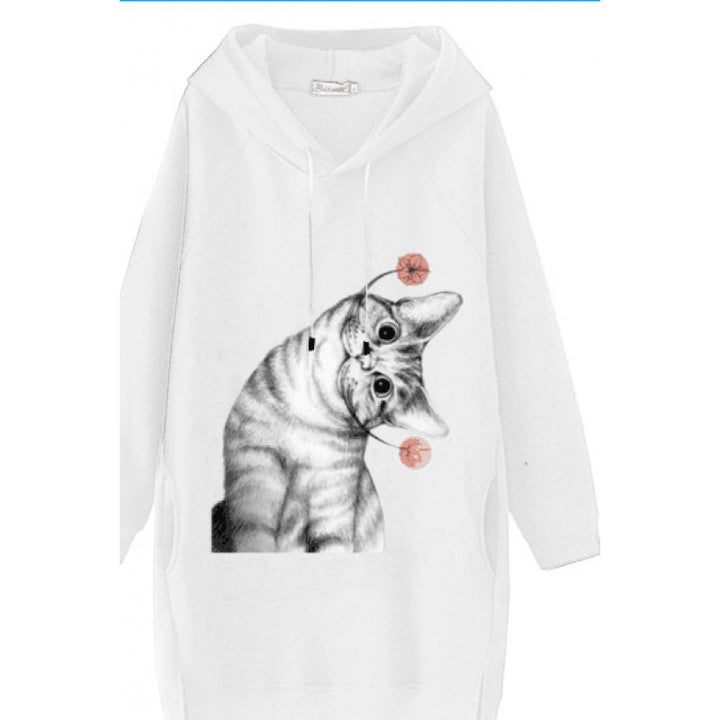 Ladies Oversize Hooded Dress made of Sweat Fabric with Large Cat Print and Side Pockets Mune Fashion