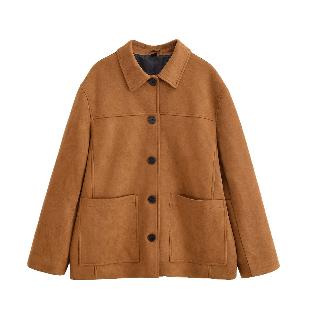 Women's Boxy Utility Jacket in Suede Look with Shirt Collar and Large Patch Pockets Mune Fashion
