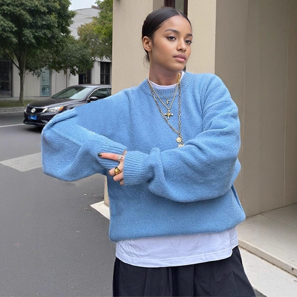Women Fluffy Boxy Knit Sweater made of Alpaca Mix with Wide Round Neckline Mune Fashion