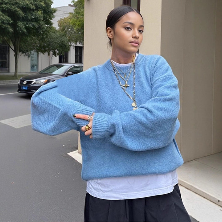 Women Fluffy Boxy Knit Sweater made of Alpaca Mix with Wide Round Neckline Mune Fashion