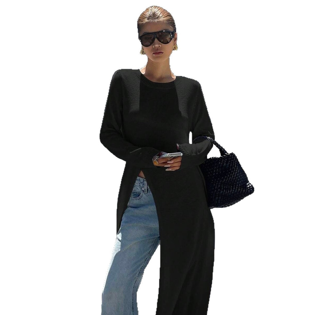 Women's Long Fine Knit Tunic Sweater with High Side Slit Mune Fashion