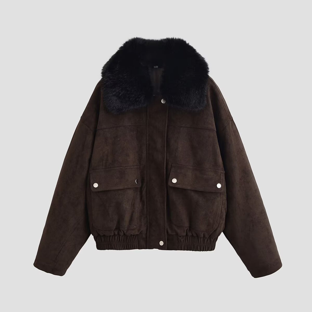 Women's Oversize Bomber Jacket made of Suede Imitation with Large Faux Fur Collar Mune Fashion