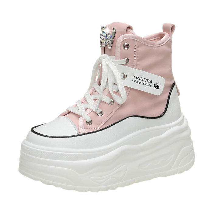 Ladies' platform sneakers with high shaft, lacing, and butterfly brooch Mune Fashion