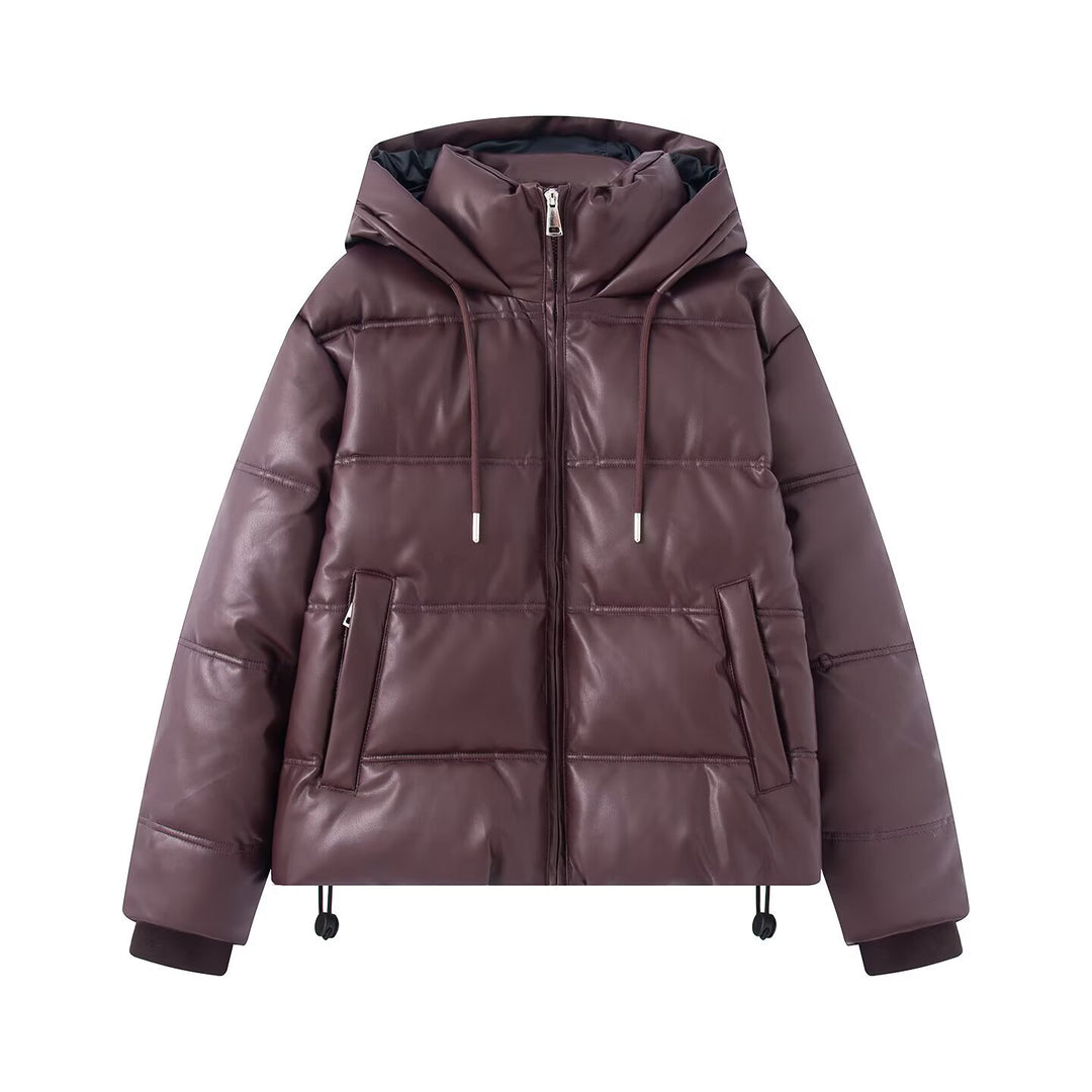 Women's Short Quilted Faux Leather Puffer Jacket with Hood, Drawstring and Side Pockets Mune Fashion