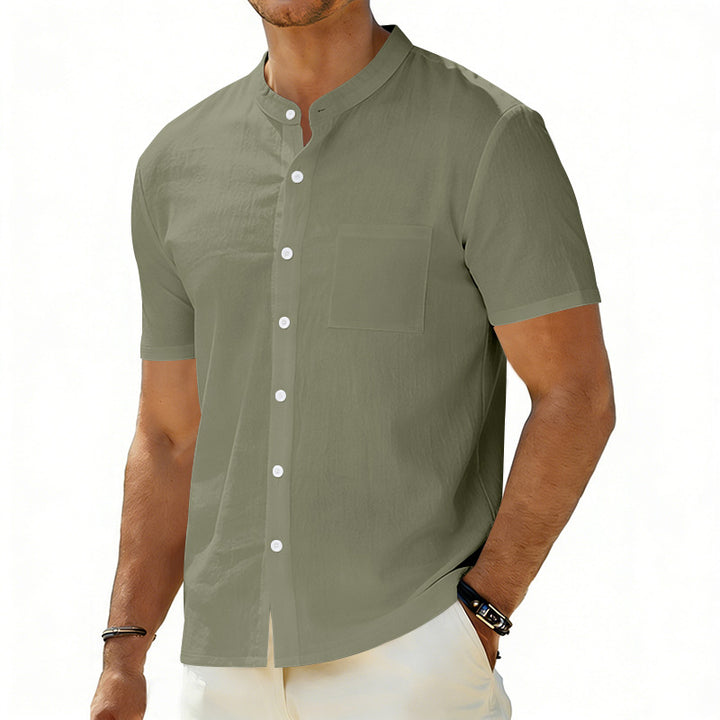 Men's short-sleeved linen shirt with stand-up collar and chest pocket Mune Fashion