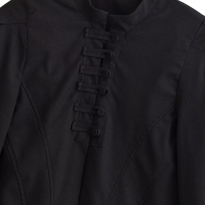 Women's cropped short jacket with stand-up collar, boxy silhouette and minimalist yoke.