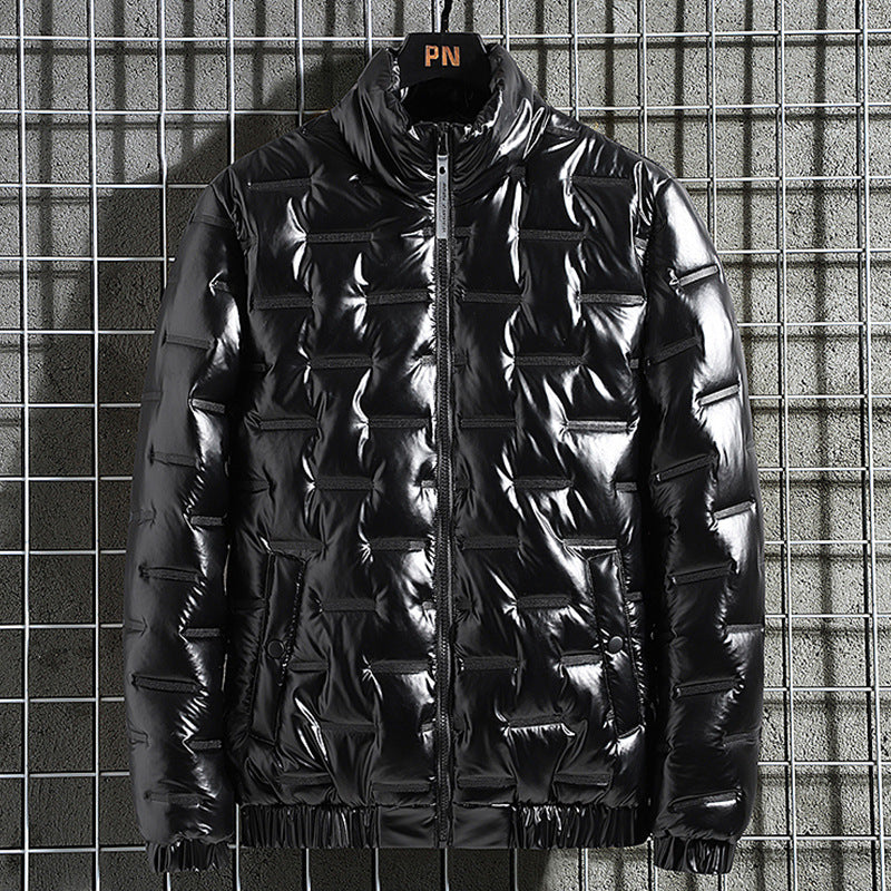 Men's Shiny Quilted Jacket with Geometric Quilting and Stand-up Collar Mune Fashion