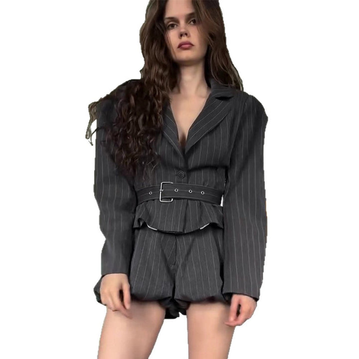 Women's Tailored Pinstriped Blazer with Shoulder-Emphasizing Balloon Sleeves and Waist Belt Mune Fashion