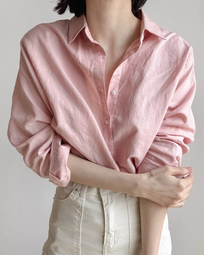 Women Loose Linen Shirt with Boxy Silhouette, Turned-up Cuff and Kent Collar Mune Fashion