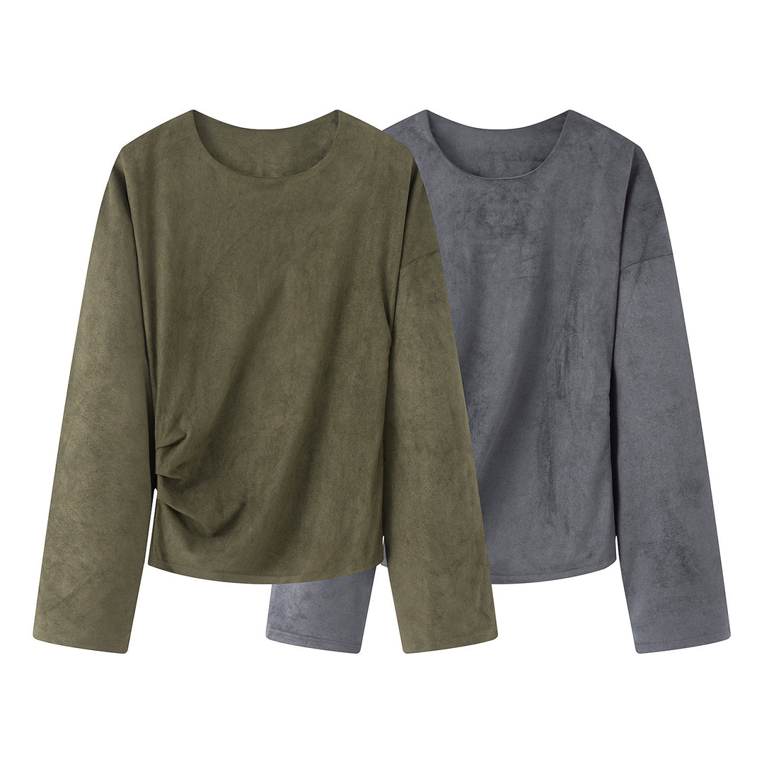 Women's oversized long sleeve shirt with side draping and velvety suede look Mune Fashion
