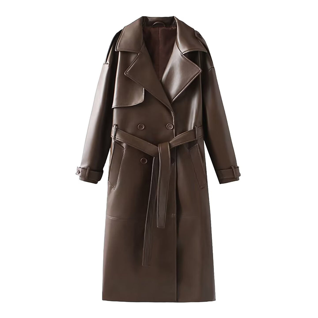 Women 40+ longer trench coat made of synthetic leather with belted waist and double-breasted button placket Mune Fashion