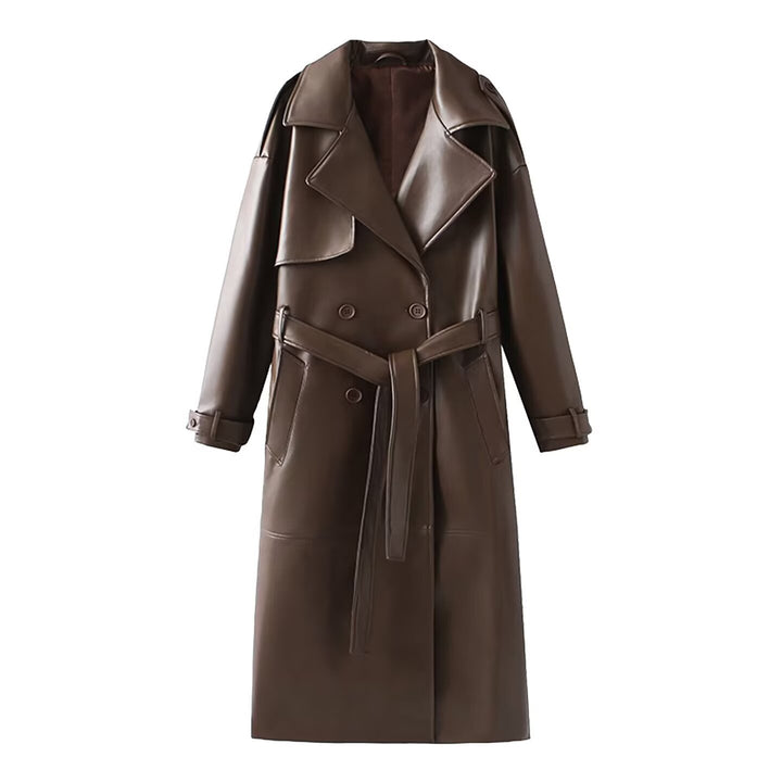 Women 40+ longer trench coat made of synthetic leather with belted waist and double-breasted button placket Mune Fashion