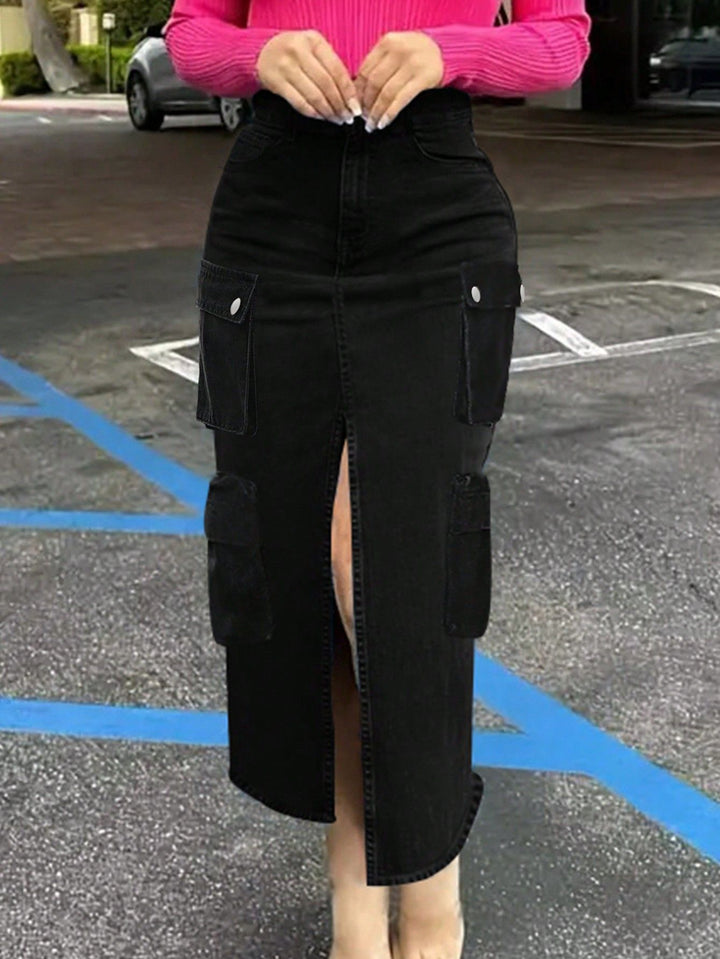 Ladies High-Waist Cargo Denim Midi Skirt with Front Slit Mune Fashion