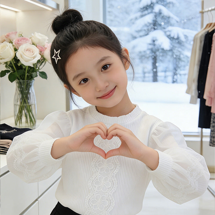 Girls elegant blouse with transparent puff sleeves and delicate floral embroidery Mune Fashion