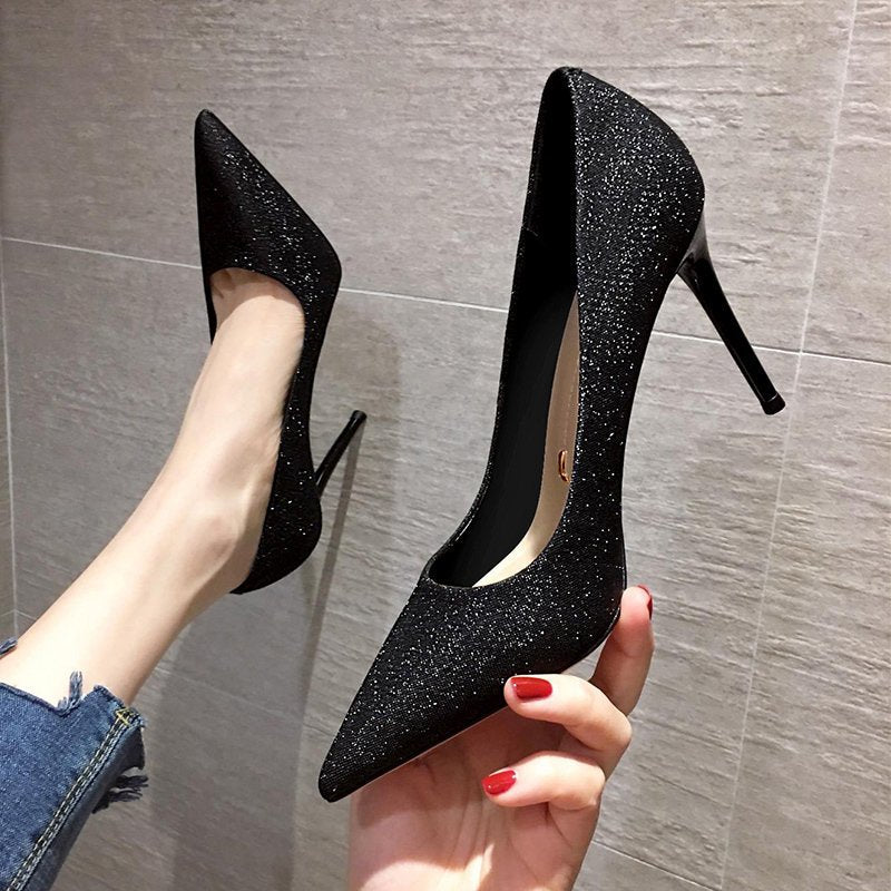 Ladies glamorous lace stiletto pumps with glitter surface and ergonomic comfort insole Mune Fashion