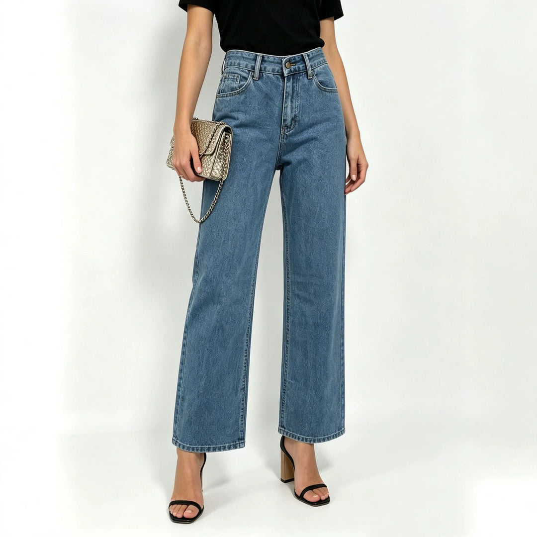 Women's high-waisted straight-leg jeans with straight leg and subtle vintage wash Mune Fashion