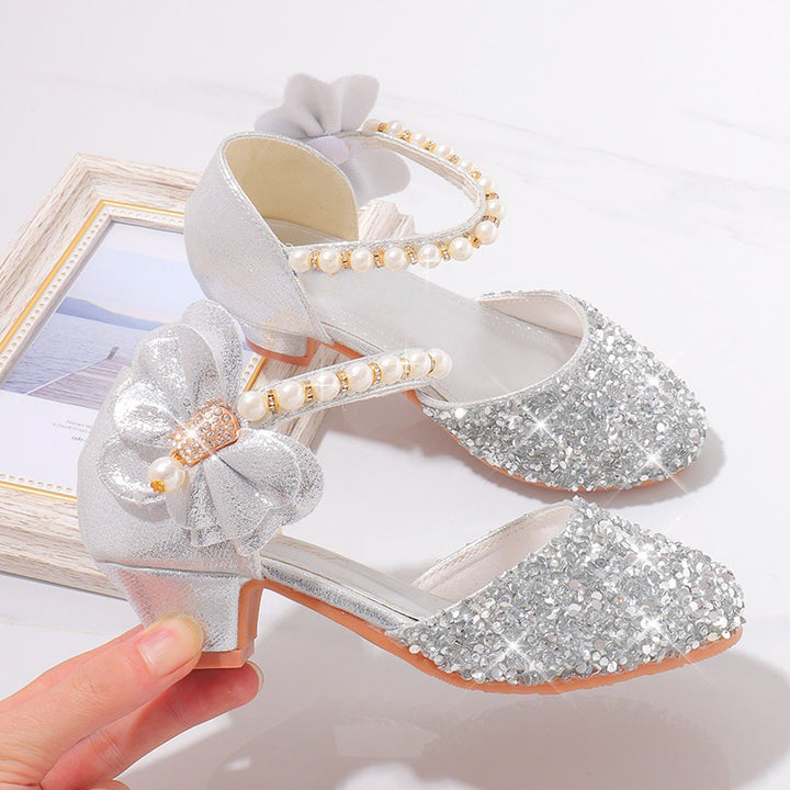 Ladies Elegant and Sparkling Mid-Heel Shoes with Pearl and Bow Details Mune Fashion