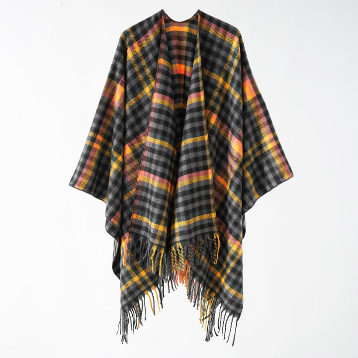 Women's Fringe Ruana made of wool blend with large checkered pattern and open fall Mune Fashion