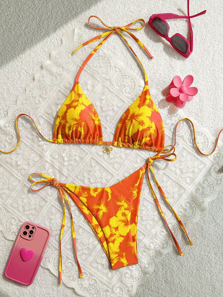 Women's triangle bikini with floral accents and intricate ties Mune Fashion