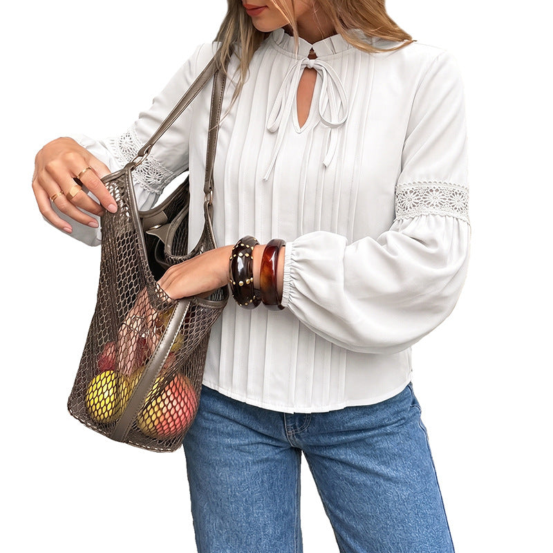 Ladies Elegant Blouse with Ruffle Accents and Lace Sleeves Mune Fashion