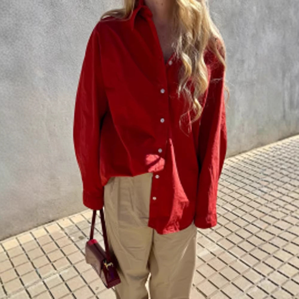 Women's loose-fitting cotton blouse with full button placket, shirt collar & roll-up sleeves Mune Fashion
