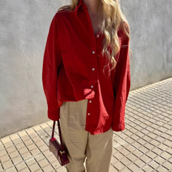 Women's loose-fitting cotton blouse with full button placket, shirt collar & roll-up sleeves Mune Fashion