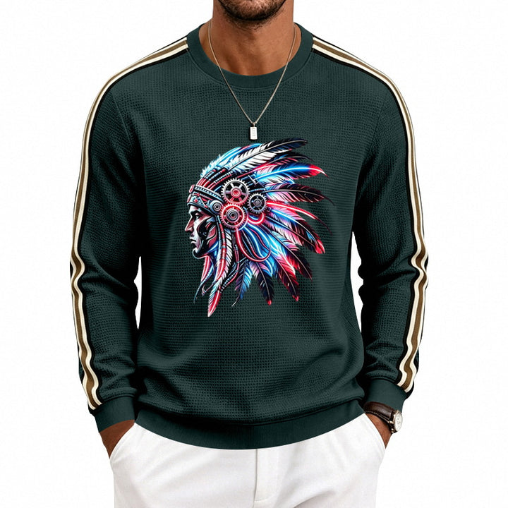 Men's sweatshirt with feather headpiece print, waffle structure and contrasting shoulder stripes Mune Fashion
