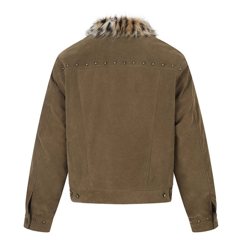 Men's suede trucker jacket with faux fur collar, stud embellishments and snap button closure Mune Fashion