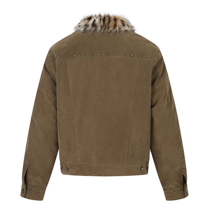 Men's suede trucker jacket with faux fur collar, stud embellishments and snap button closure Mune Fashion
