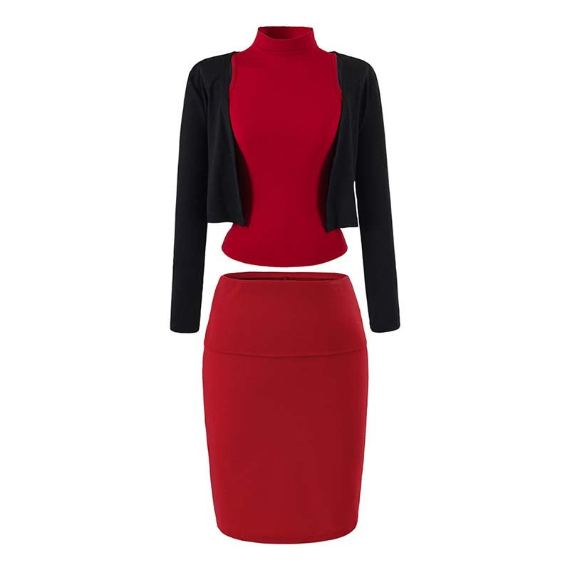 Ladies two-piece business knit set with turtleneck top, bolero, and pencil skirt Mune Fashion