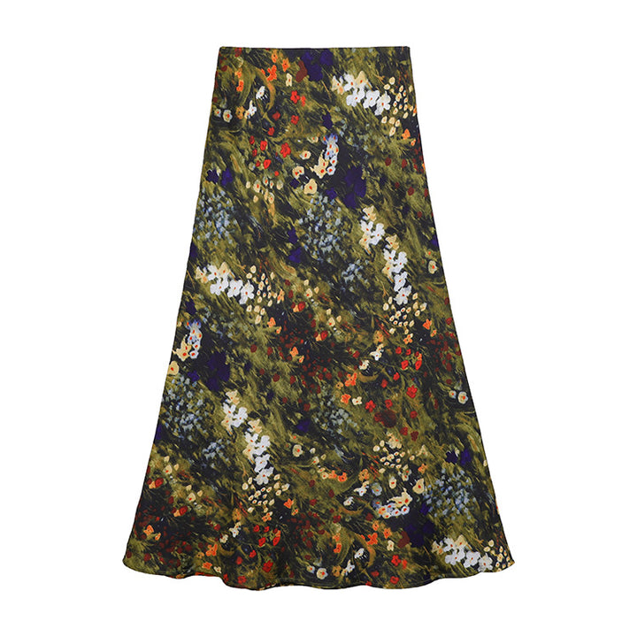 Women's flowing midi skirt with floral print and A-line silhouette in satin-like fabric Mune Fashion