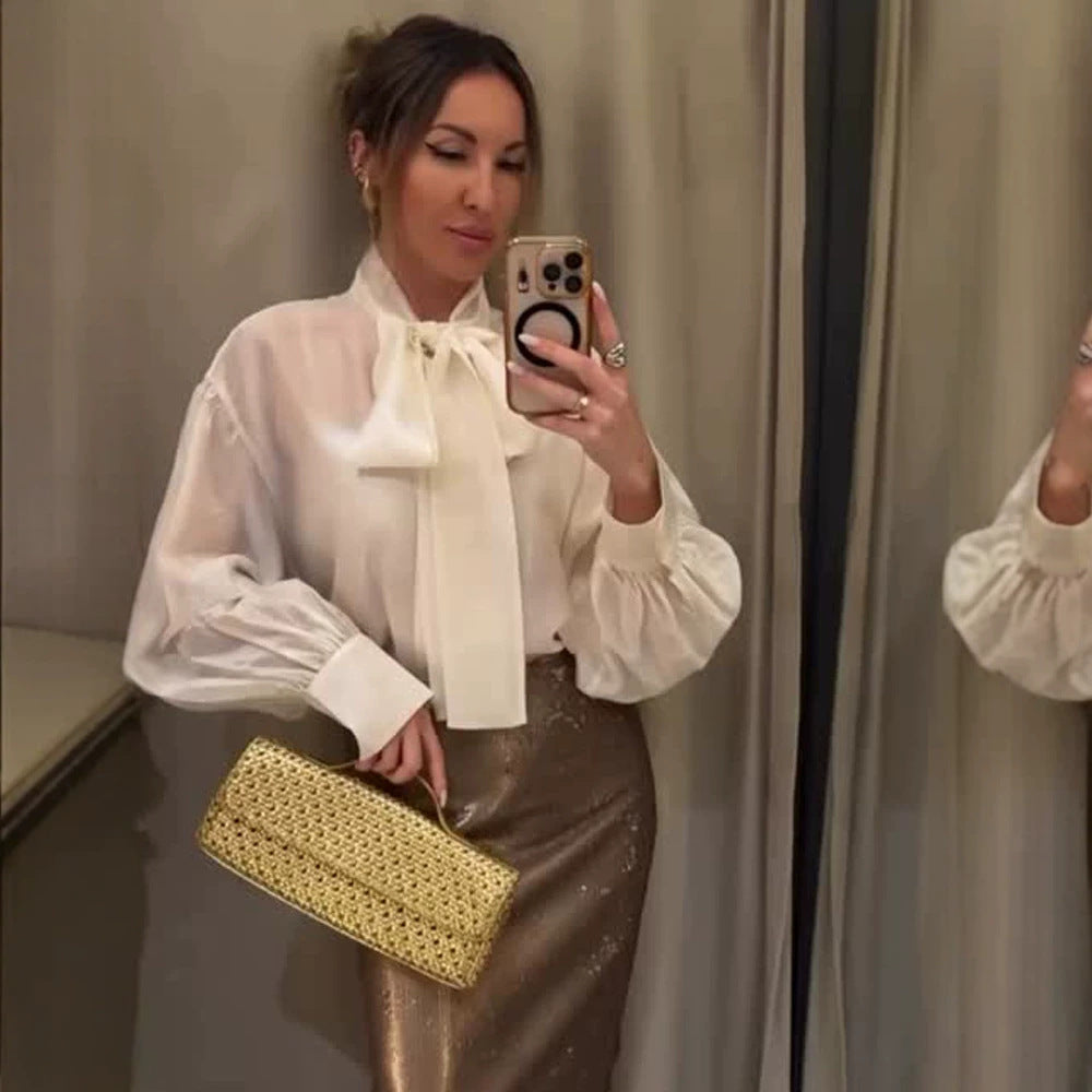 Women's Satin Bow Blouse with Balloon Sleeves & Wide Cuffs Mune Fashion