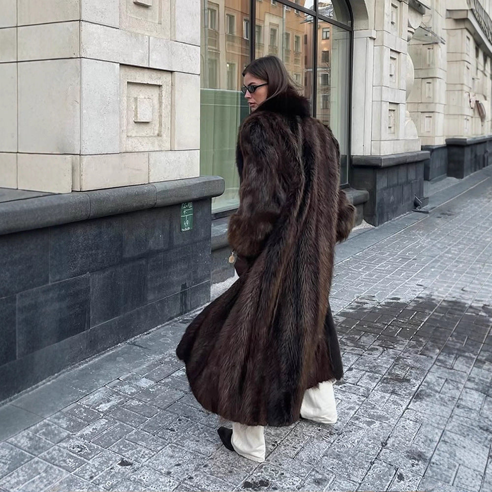 Women Luxurious Long Fur Coat with Wide Collar and Voluminous Sleeves Mune Fashion