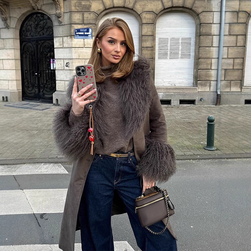 Women's coat made of suede leather look with voluminous faux fur shawl collar, fur cuffs & waist belt Mune Fashion